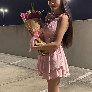 UO Rosie Smocked Tiered Pink Romper